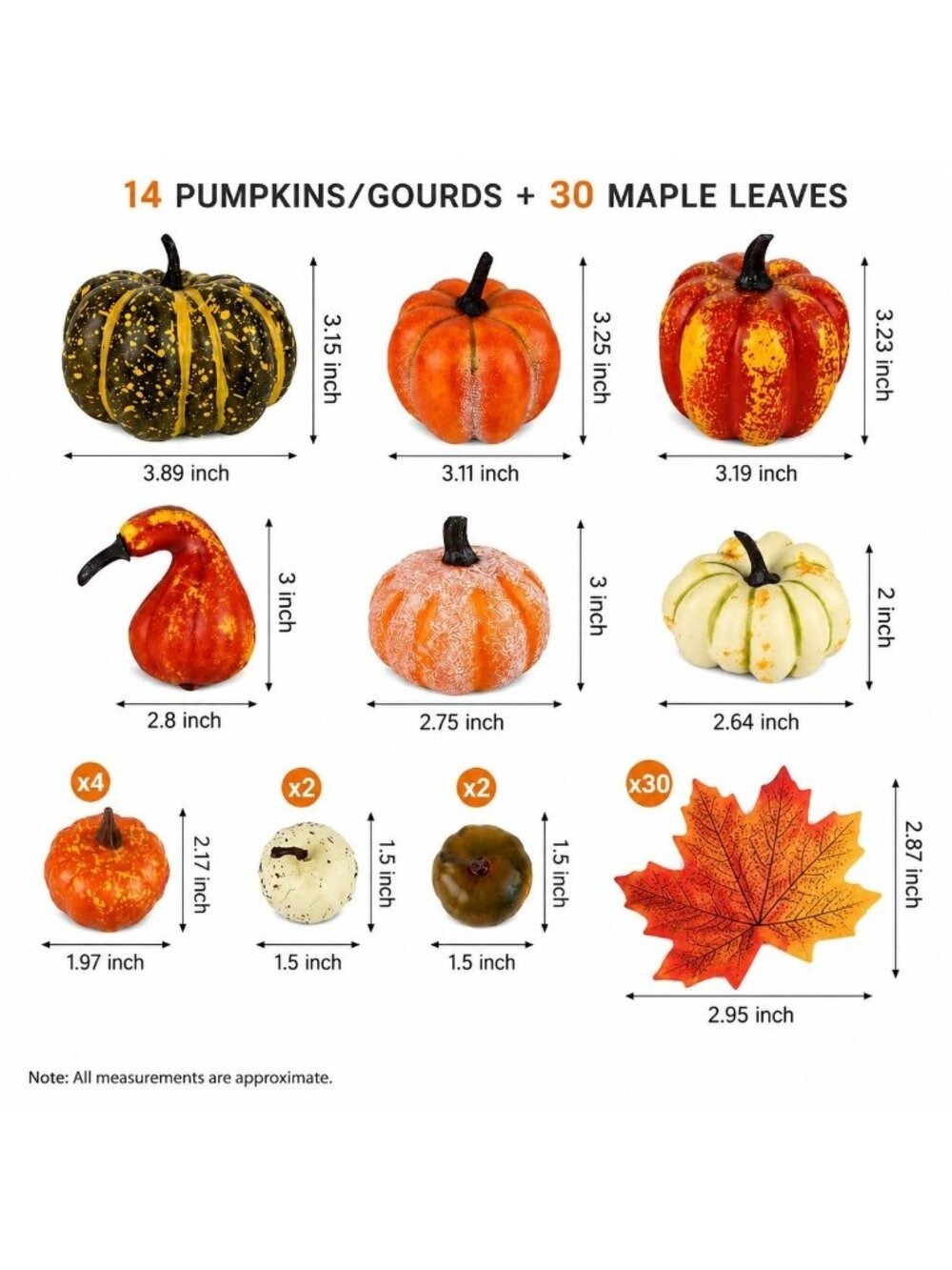 14 Artificial Mini Pumpkins and Gourds with 30 Maple Leaves, Fall Harvest Decor, - Picture 2 of 8
